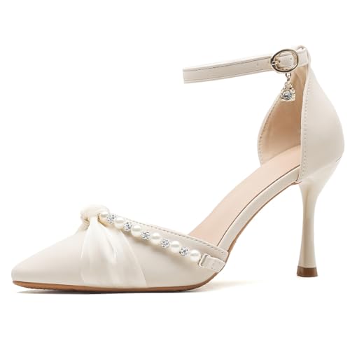 MiaZane Frauen Braut Hof Schuhe Perlen Knöchelriemen Pumps Stöckelschuh Spitze Zehe Schlüpfen Abend Schuhe Für Hochzeitsempfang Und Büro,Apricot5cm,43 EU von MiaZane
