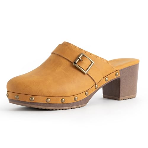 MiaZane Frauen Mules Beschlagen Blockabsatz Runde Zehe Geschlossen Zehe Klomp Sandalen Für Sommer Und Cocktail Party Vintage Leder Schlupf Nicht Rutsch Sohle,Mocha,36 EU von MiaZane