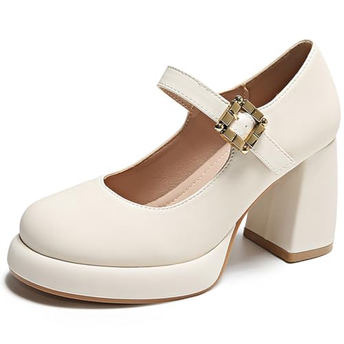 MiaZane Klassische High Heels Damen Runde Zeh Plateau Mary Jane Abendschuhe Schnalle Riemen Braut Pumps für Hochzeitsempfang & Brautjungfern Bankett,Beige,38 EU von MiaZane