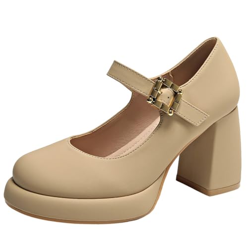 MiaZane Klassische High Heels Damen Runde Zeh Plateau Mary Jane Abendschuhe Schnalle Riemen Braut Pumps für Hochzeitsempfang & Brautjungfern Bankett,Latte,43 EU von MiaZane