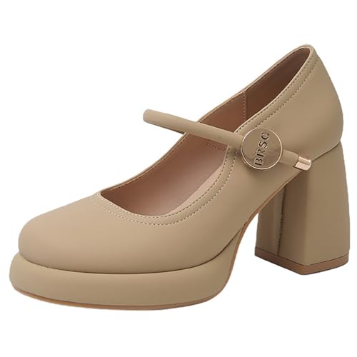 MiaZane Klassische High Heels Damen Runde Zeh Plateau Mary Jane Abendschuhe Schnalle Riemen Braut Pumps für Hochzeitsempfang & Brautjungfern Bankett,Round Latte,41 EU von MiaZane
