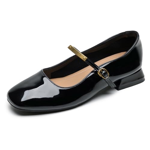 MiaZane Mary Jane Pumps Damen Ballettflats Niedriger Blockabsatz Quadratische Zeh Schnallenriemen Flats Casual Schlupf Abendschuhe für Büro & Täglicher Tragen Bequem,Schwarz,35 EU von MiaZane