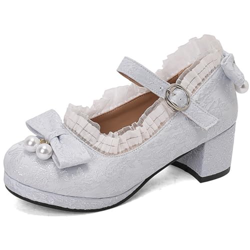 MiaZane Mary Jane Pumps Damen Mittlerer Blockabsatz Süß Runde Zeh Schleife Plateau Abendschuhe für Hochzeitsempfang & Lolita Cosplay Stoff Obermaterial,Light Blue,35 EU von MiaZane