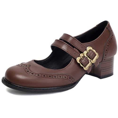 MiaZane Mary Jane Schuhe Damen mit Dicken Blockabsatz Riemen mit Dornverschluss Brogue Runde Zehe Vintage Pumps für Frühling und Herbst Bürokleidung Wildleder PU Leder,Braun,42 EU von MiaZane