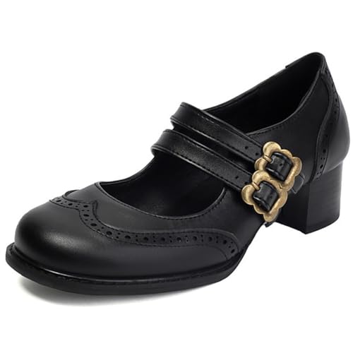 MiaZane Mary Jane Schuhe Damen mit Dicken Blockabsatz Riemen mit Dornverschluss Brogue Runde Zehe Vintage Pumps für Frühling und Herbst Bürokleidung Wildleder PU Leder,Schwarz,35 EU von MiaZane
