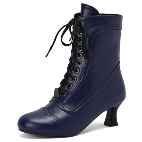 MiaZane Modische Victorianische Stiefeletten Damen mit Kitten Absatz Runde Zehe Kurze Stiefel mit Schnürung Vintage Stiefeletten mit Seitlichem Reißverschluss Herbst Winter Streetwear,Blau,41 EU von MiaZane