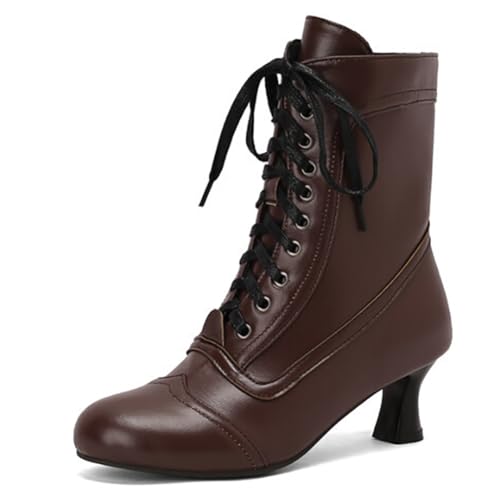 MiaZane Modische Victorianische Stiefeletten Damen mit Kitten Absatz Runde Zehe Kurze Stiefel mit Schnürung Vintage Stiefeletten mit Seitlichem Reißverschluss Herbst Winter Streetwear,Braun,49 EU von MiaZane