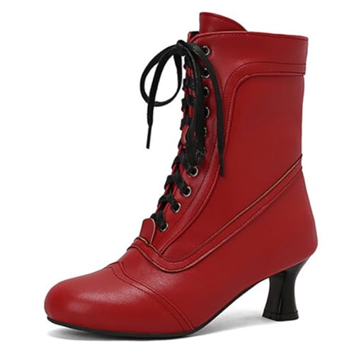 MiaZane Modische Victorianische Stiefeletten Damen mit Kitten Absatz Runde Zehe Kurze Stiefel mit Schnürung Vintage Stiefeletten mit Seitlichem Reißverschluss Herbst Winter Streetwear,Rot,42 EU von MiaZane