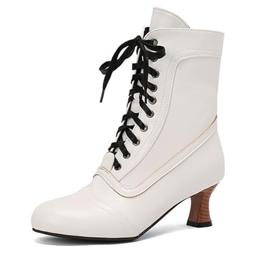 MiaZane Modische Victorianische Stiefeletten Damen mit Kitten Absatz Runde Zehe Kurze Stiefel mit Schnürung Vintage Stiefeletten mit Seitlichem Reißverschluss Herbst Winter Streetwear,Weiß,41 EU von MiaZane
