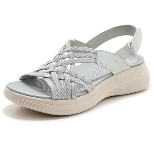 MiaZane Orthopädische Sandalen Damen Mit Fußgewölbe Unterstützung Plateau Komfort Elastischer Gewebter Träger Strandschuhe Runde Zehen Sportsandalen Waschbar Slingback Slide,Grau,41 EU von MiaZane