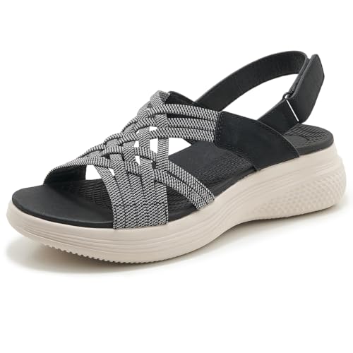 MiaZane Orthopädische Sandalen Damen Mit Fußgewölbe Unterstützung Plateau Komfort Elastischer Gewebter Träger Strandschuhe Runde Zehen Sportsandalen Waschbar Slingback Slide,Schwarz,38 EU von MiaZane