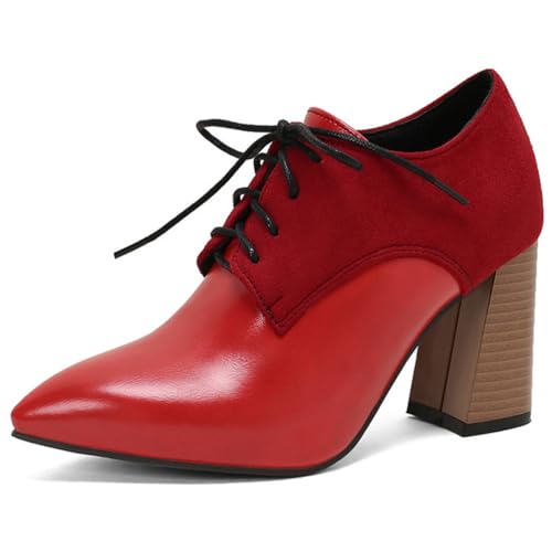 MiaZane Oxford Schuhe Damen Zweifarbig Wingtip Block Hochabsatz Spitze Zeh Schnürung Pumps für Frühlingshochzeit & Cocktail Empfang Weite Größe,Rot,44 EU von MiaZane