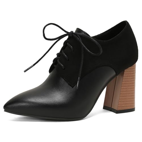 MiaZane Oxford Schuhe Damen Zweifarbig Wingtip Block Hochabsatz Spitze Zeh Schnürung Pumps für Frühlingshochzeit & Cocktail Empfang Weite Größe,Schwarz,38 EU von MiaZane