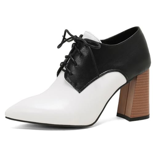 MiaZane Oxford Schuhe Damen Zweifarbig Wingtip Block Hochabsatz Spitze Zeh Schnürung Pumps für Frühlingshochzeit & Cocktail Empfang Weite Größe,Weiß,46 EU von MiaZane
