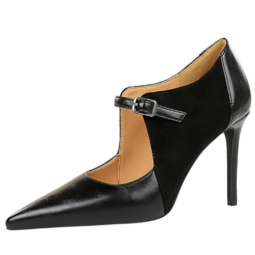 MiaZane Pumps Court Damen Stiletto Absatz Spitze Zeh Ausschnitt Schnalle Bankett Pumps Wildleder Knöchelriemen Abendschuhe für Hochzeitsempfang & Cocktail Party,Schwarz,36 EU von MiaZane