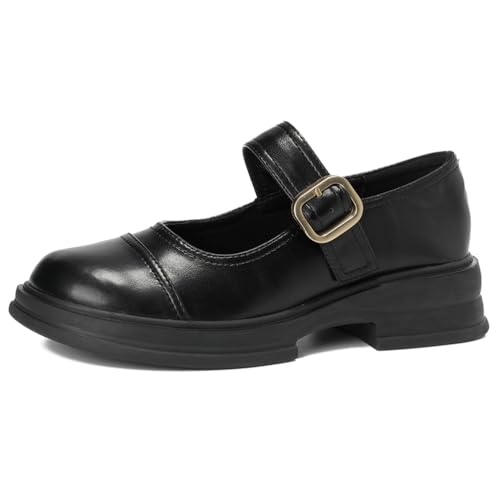 MiaZane Retro-Loafer für Damen – Mary Jane Flats für Damen – Flache Retro-Schuhe – Geschlossener Slipper mit Schnalle – Dicke Sohle – Lässige Alltagskleidung,Schwarz,39 EU von MiaZane