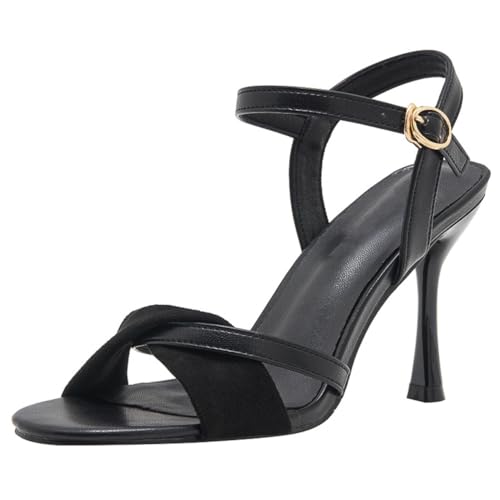 MiaZane Sandalen Damen Hohe Absätze Elegant Kreuzträger Blockabsatz Offene Zehen Pumps Bequeme Knöchelverschluss Schlupfschuhe Abendschuhe Für Büro Und Party,Black7cm,38 EU von MiaZane