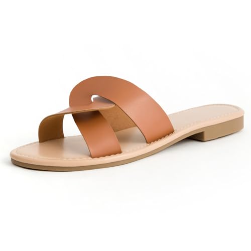 MiaZane Sandalen Für Frauen Flache Sohle Kreuz Riemen Schlupf Auf Slides Casual Strand Sandalen Für Sommer Und Täglich Tragen Bequem Kunstleder,Braun,40 EU von MiaZane