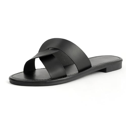 MiaZane Sandalen Für Frauen Flache Sohle Kreuz Riemen Schlupf Auf Slides Casual Strand Sandalen Für Sommer Und Täglich Tragen Bequem Kunstleder,Schwarz,39 EU von MiaZane