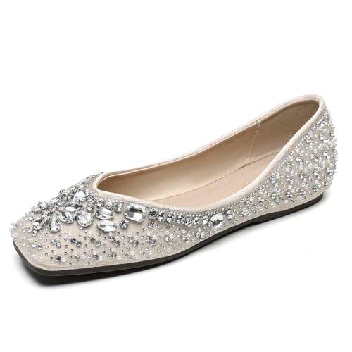 MiaZane Schuhe Damen Ballerinas Flach Quadratische Zehe Kristall Verziert Ballerinas Schlupfschuhe Strass Hochzeitsschuhe Für Tägliches Tragen Und Lockeres Ausgehen,Square,37 EU von MiaZane