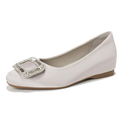 MiaZane Schuhe Damen Flach Absatz Niedrig Kristall Verziert Satin Rund Zehe Ballerinas Für Tägliches Tragen & Büro Komfort,Silber,40 EU von MiaZane