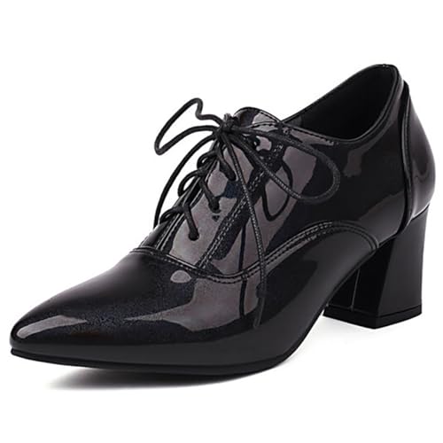 MiaZane Schuhe Damen Lackleder Schnürung Oxford Pumps Mittlerer Blockabsatz Spitze Zehe Abendschuhe für Damen Geschäft Büro Arbeit Täglich,Schwarz,40 EU von MiaZane