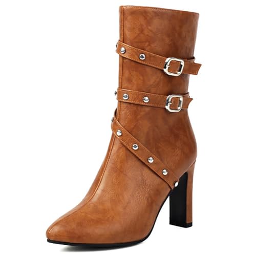 MiaZane Stiefel Damen Mid Calf Block Absatz Hoch Schnallenriemen Modestiefel Schnürung Reißverschluss Design für Casual Tragen Herbst & Winter Atmungsaktiv Wasserdicht,Braun,42 EU von MiaZane