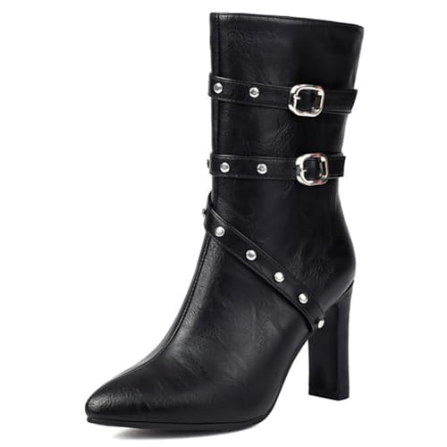 MiaZane Stiefel Damen Mid Calf Block Absatz Hoch Schnallenriemen Modestiefel Schnürung Reißverschluss Design für Casual Tragen Herbst & Winter Atmungsaktiv Wasserdicht,Schwarz,35 EU von MiaZane