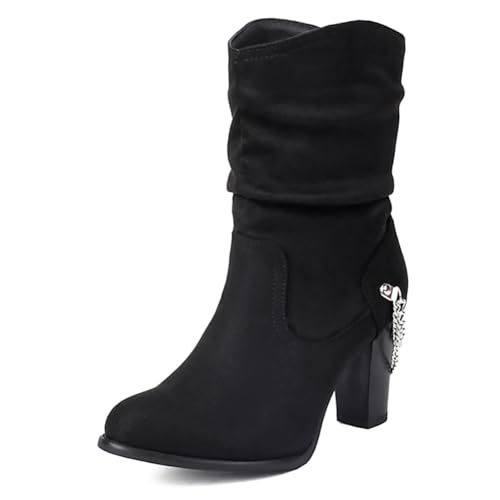 MiaZane Stiefel Damen Mid Calf Hoch Absatz Stiefel Klobiger Blockabsatz Damen Schlupf Winter Kunstwildleder Geraffte Schuhe für Herbst & Winter Büro & Straßenstil Weite Passform,Blacksuede,35 EU von MiaZane