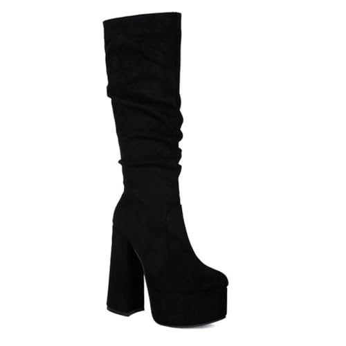 MiaZane Stiefel Kniehoch Damen Plateau Bequem Klobiger Blockabsatz Runde Zeh Seitlicher Reißverschluss Wildleder Schlampige Reitstiefel für Nachtausgang und Clubbing,Schwarz,43 EU von MiaZane