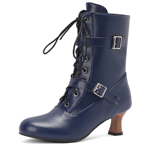MiaZane Stiefel Mid Calf Damen Klobiger Blockabsatz Schnalle Schnürung Kampfstiefel Retro Mode Seitlicher Reißverschluss für Herbst & Winter Lockerer Ausgang Langlebig,Blau,42 EU von MiaZane
