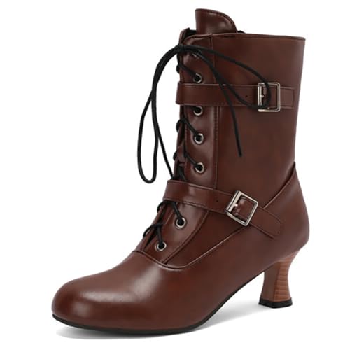 MiaZane Stiefel Mid Calf Damen Klobiger Blockabsatz Schnalle Schnürung Kampfstiefel Retro Mode Seitlicher Reißverschluss für Herbst & Winter Lockerer Ausgang Langlebig,Braun,38 EU von MiaZane