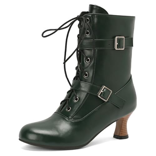MiaZane Stiefel Mid Calf Damen Klobiger Blockabsatz Schnalle Schnürung Kampfstiefel Retro Mode Seitlicher Reißverschluss für Herbst & Winter Lockerer Ausgang Langlebig,Grün,40 EU von MiaZane