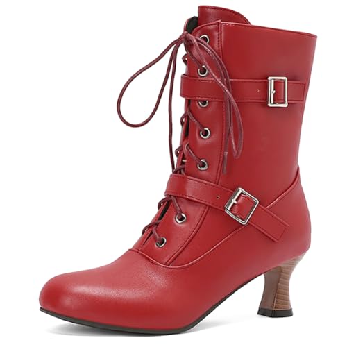 MiaZane Stiefel Mid Calf Damen Klobiger Blockabsatz Schnalle Schnürung Kampfstiefel Retro Mode Seitlicher Reißverschluss für Herbst & Winter Lockerer Ausgang Langlebig,Rot,34 EU von MiaZane