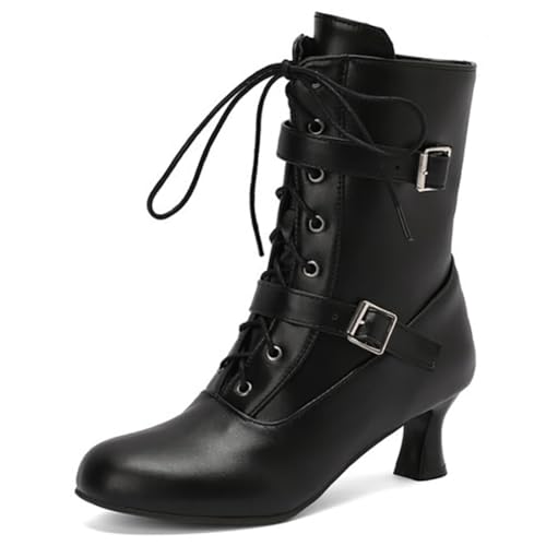 MiaZane Stiefel Mid Calf Damen Klobiger Blockabsatz Schnalle Schnürung Kampfstiefel Retro Mode Seitlicher Reißverschluss für Herbst & Winter Lockerer Ausgang Langlebig,Schwarz,47 EU von MiaZane