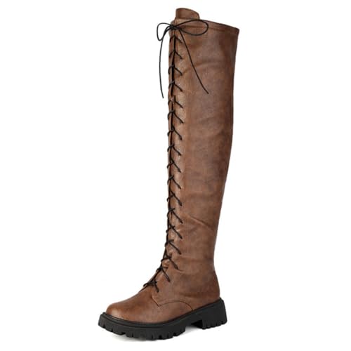 MiaZane Stiefel Über Knie Hoch Damen Combat Warm Winter Lange Stiefel mit Flachabsatz Schnürung Mode Oberschenkel Hohe Stiefel für Herbst & Winter Lockeres Gehen,Braun,35 EU von MiaZane