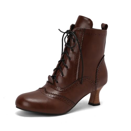 MiaZane Stiefelette Damen Brogue Mittlerer Absatz Klobiger Blockabsatz Schnürung Runde Zeh Seitlicher Reißverschluss Kurze Stiefel für Herbst & Winter Täglicher Tragen,Braun,36 EU von MiaZane