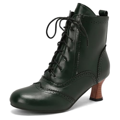 MiaZane Stiefelette Damen Brogue Mittlerer Absatz Klobiger Blockabsatz Schnürung Runde Zeh Seitlicher Reißverschluss Kurze Stiefel für Herbst & Winter Täglicher Tragen,Grün,38 EU von MiaZane