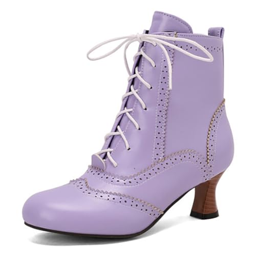 MiaZane Stiefelette Damen Brogue Mittlerer Absatz Klobiger Blockabsatz Schnürung Runde Zeh Seitlicher Reißverschluss Kurze Stiefel für Herbst & Winter Täglicher Tragen,Lila,49 EU von MiaZane