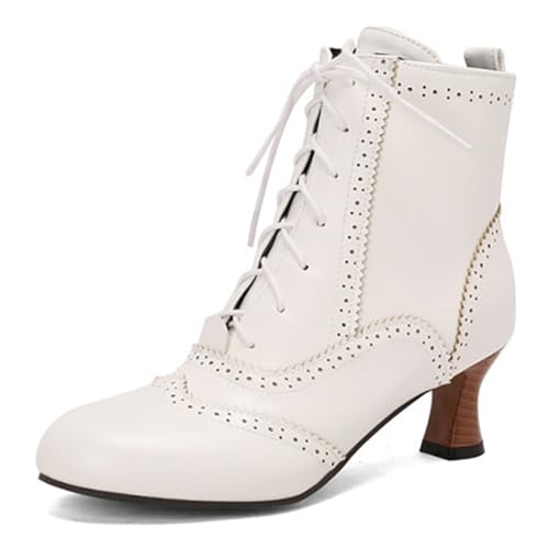 MiaZane Stiefelette Damen Brogue Mittlerer Absatz Klobiger Blockabsatz Schnürung Runde Zeh Seitlicher Reißverschluss Kurze Stiefel für Herbst & Winter Täglicher Tragen,Weiß,43 EU von MiaZane
