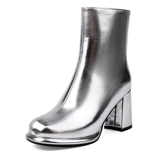 MiaZane Stiefelette Damen Klobiger Absatz Reißverschluss Runde Zeh Blockabsatz Niedriger Schaft Kurze Modestiefel für Bürokleidung & Abendliche Ausgänge,Silber,48 EU von MiaZane