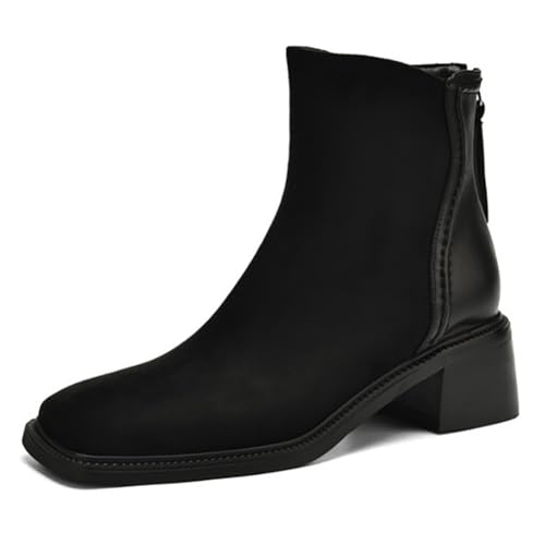 MiaZane Stiefelette Damen Klobiger Blockabsatz Quadratische Zeh Kurze Stiefel für Herbst & Winter Arbeit Büro Ultra Faser Leder,Schwarz,38 EU von MiaZane