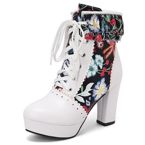 MiaZane Stiefelette Damen Klobiger Hochabsatz Plateau Gekerbt Schnürung Kurze Stiefel für Lockerer Ausgang & Streetwear Weite Größe,Schwarz,48 EU von MiaZane