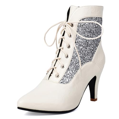 MiaZane Stiefelette Damen Spitze Zeh Schnürung Absatz Kurze Stiefel Western Absatz für Herbst & Winter Bürokleidung & Abendliche Ausgänge,Weiß,41 EU von MiaZane