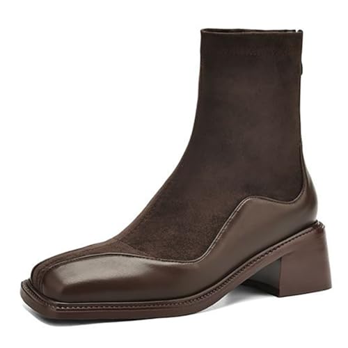 MiaZane Stiefelette Damen Wasserdicht Laufen Chelsea Stiefelette Klobiger Blockabsatz Quadratische Zeh Hinterer Reißverschluss rutschfest Patchwork Mode Kurze Stiefe,Braun,35 EU von MiaZane