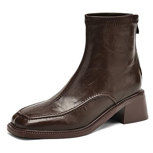 MiaZane Stiefelette Mode Damen Klobiger Absatz Abendkleid Quadratische Zeh Hinterer Reißverschluss Knöchelstiefel für Herbst & Winter Streetwear & Lockerer Ausgang,Braun,34 EU von MiaZane