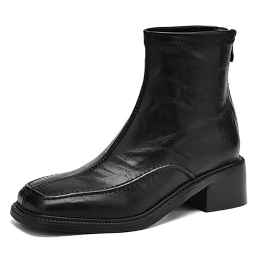 MiaZane Stiefelette Mode Damen Klobiger Absatz Abendkleid Quadratische Zeh Hinterer Reißverschluss Knöchelstiefel für Herbst & Winter Streetwear & Lockerer Ausgang,Schwarz,36 EU von MiaZane