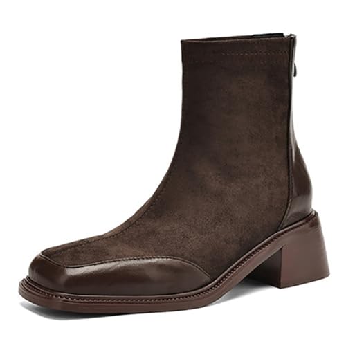MiaZane Stiefelette Mode Damen Klobiger Blockabsatz Quadratische Zeh Hinterer Reißverschluss Kurze Stiefel für Herbst & Winter Streetwear & Lockerer Ausgang Kunstleder,Braun,35 EU von MiaZane