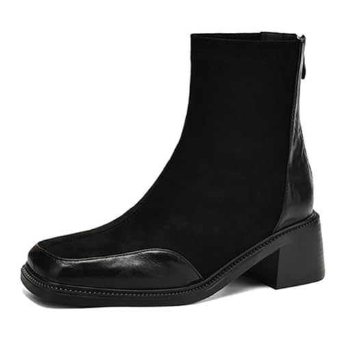 MiaZane Stiefelette Mode Damen Klobiger Blockabsatz Quadratische Zeh Hinterer Reißverschluss Kurze Stiefel für Herbst & Winter Streetwear & Lockerer Ausgang Kunstleder,Schwarz,36 EU von MiaZane