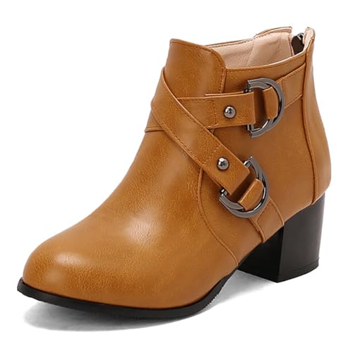 MiaZane Stiefeletten Damen Blockabsatz Metall Schnalle Runde Zehe Mode Kurze Stiefel Schnürung Reißverschluss Stiefel Stiefelette für Herbst & Winter Bürokleidung & Straßenstil,Gelb,42 EU von MiaZane